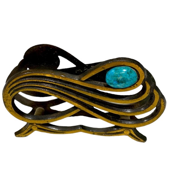 SOLID BRASS NAPKIN HOLDER w/ FAUX TURQUOISE Jerusalem Israel c1960s - Picture 1 of 3